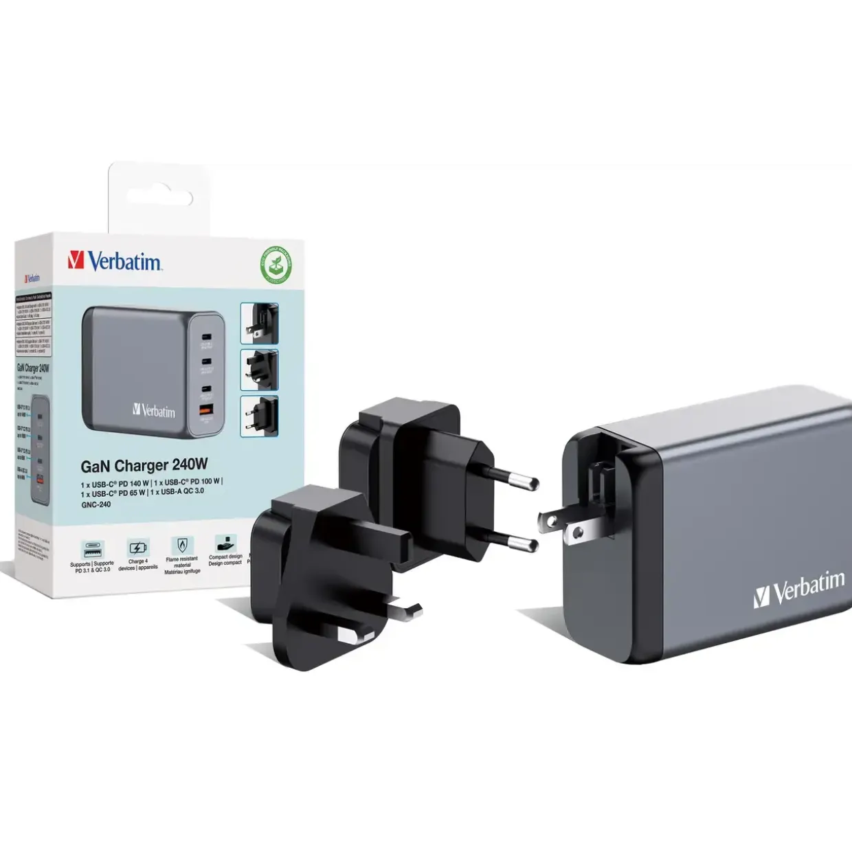 GaN-oplader – Verbatim GNC-240 – 4-port – 240W – USB-A/USB-C