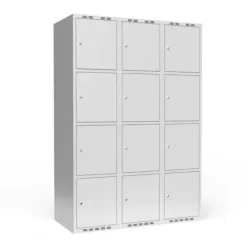 Garderobeskab 3x400 mm m/lige tag, 4 rum i højden og lys grå dør m/cylinderlås