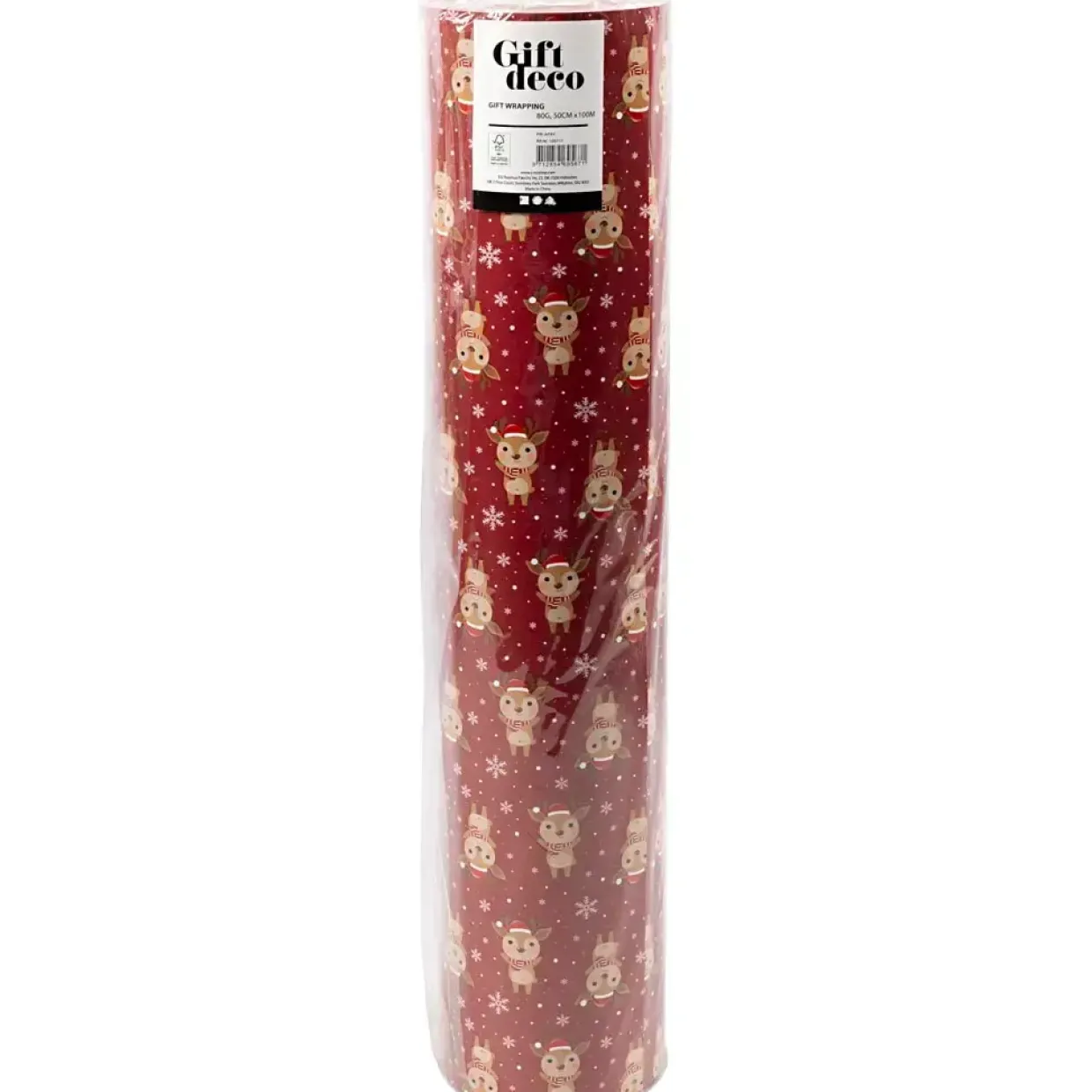 Gavepapir, Rensdyr med halstørklæde, B: 50 cm, 80 g, mørk rød, 100 m/ 1 rl.