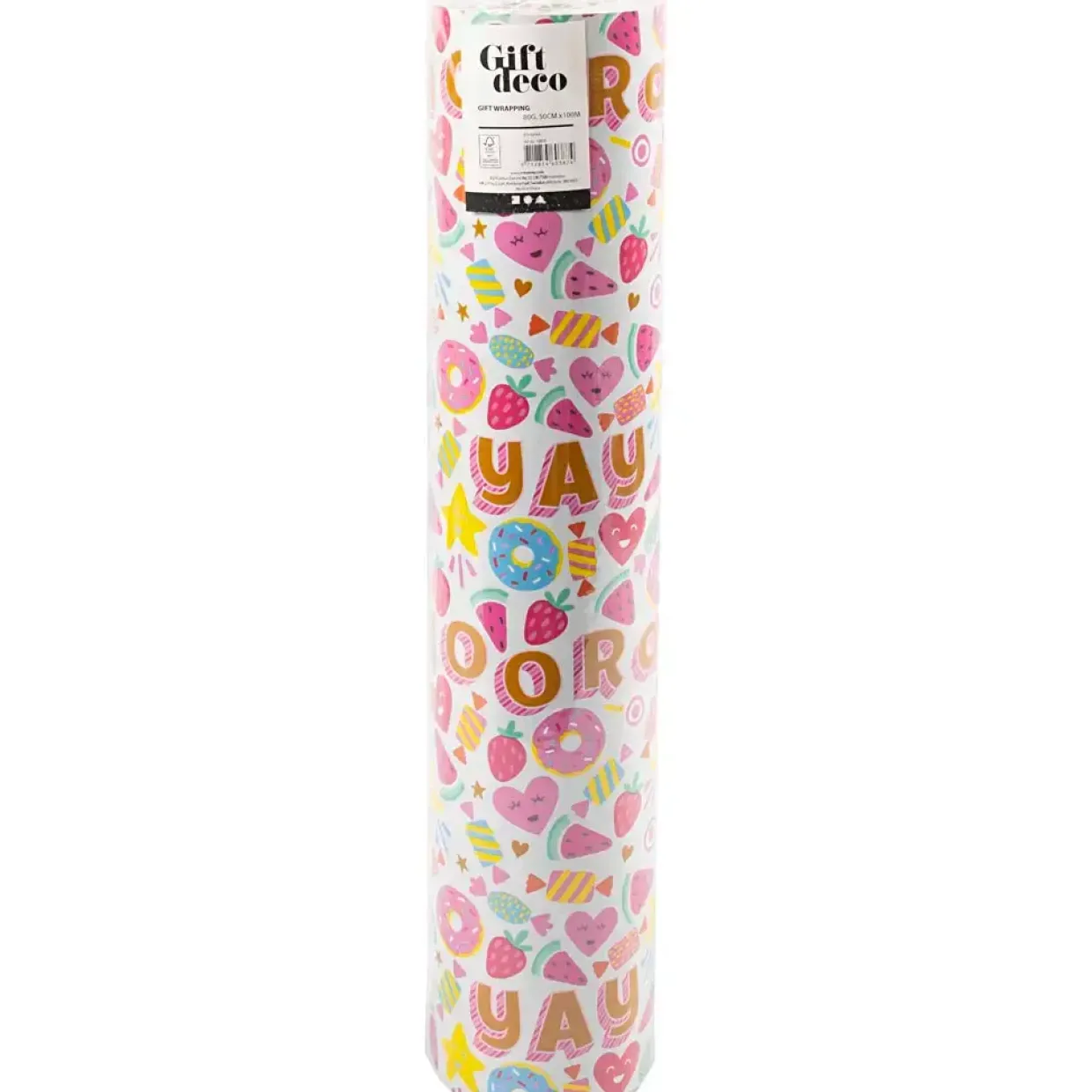Gavepapir Slik frugt og donuts B: 50 cm 80 g lys turkis 100 m pr rulle