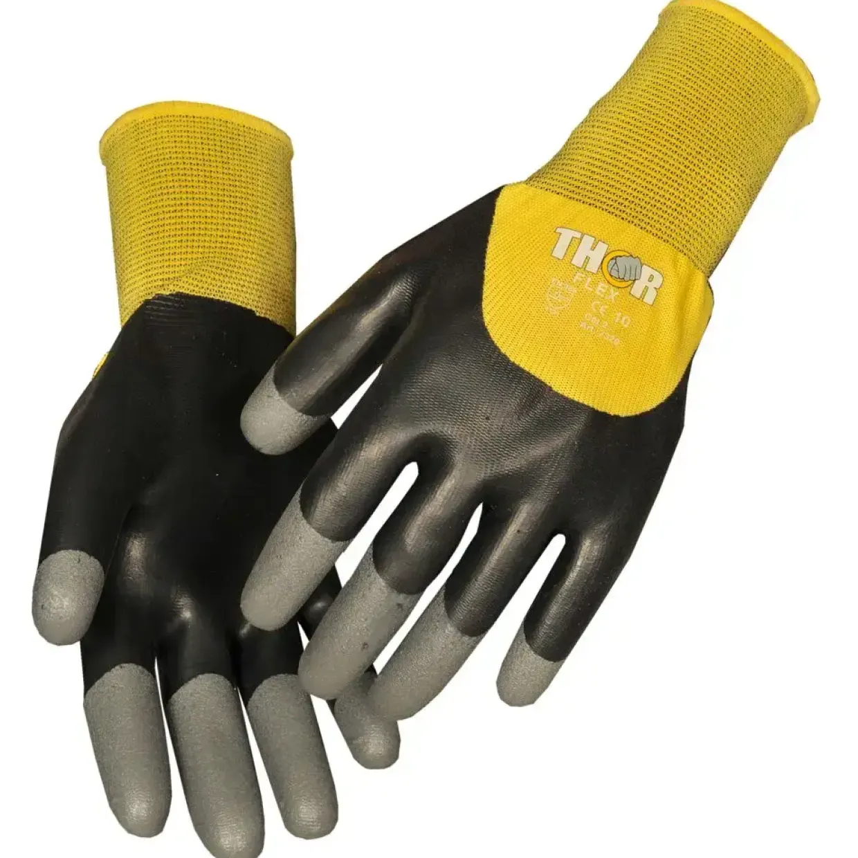 Halvdyppet latexhandske, THOR Flex Dry, 9, sort, latex/nitril/polyester, med gul ribkant - 12 par