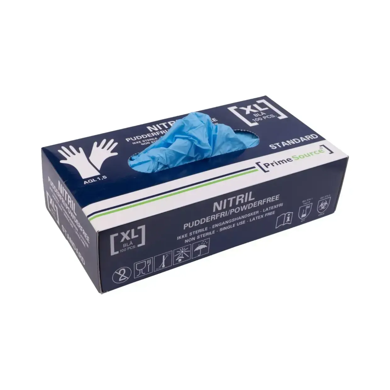 Handske Engangs Prime Source STANDARD str XL Nitril uden Pudder Blå AQL 1.5 - 10 pk x 100 stk/krt