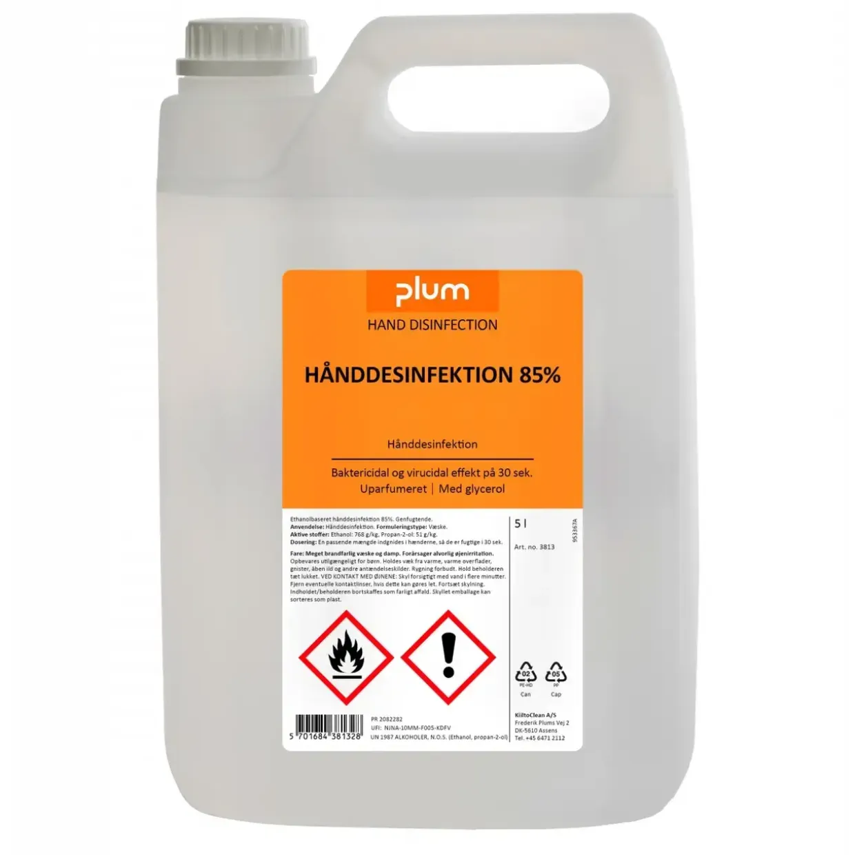 Hånddesinfektion flydende Plum 85% ethanol med glycerin 5 ltr - 3 dnk x 5 ltr/krt