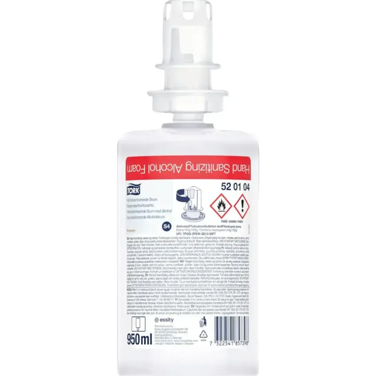 Hånddesinfektionsskum - Tork 520104- S4 - 75% alkohol - 0,6 ml pr. dosering - 950 ml - 6 stk