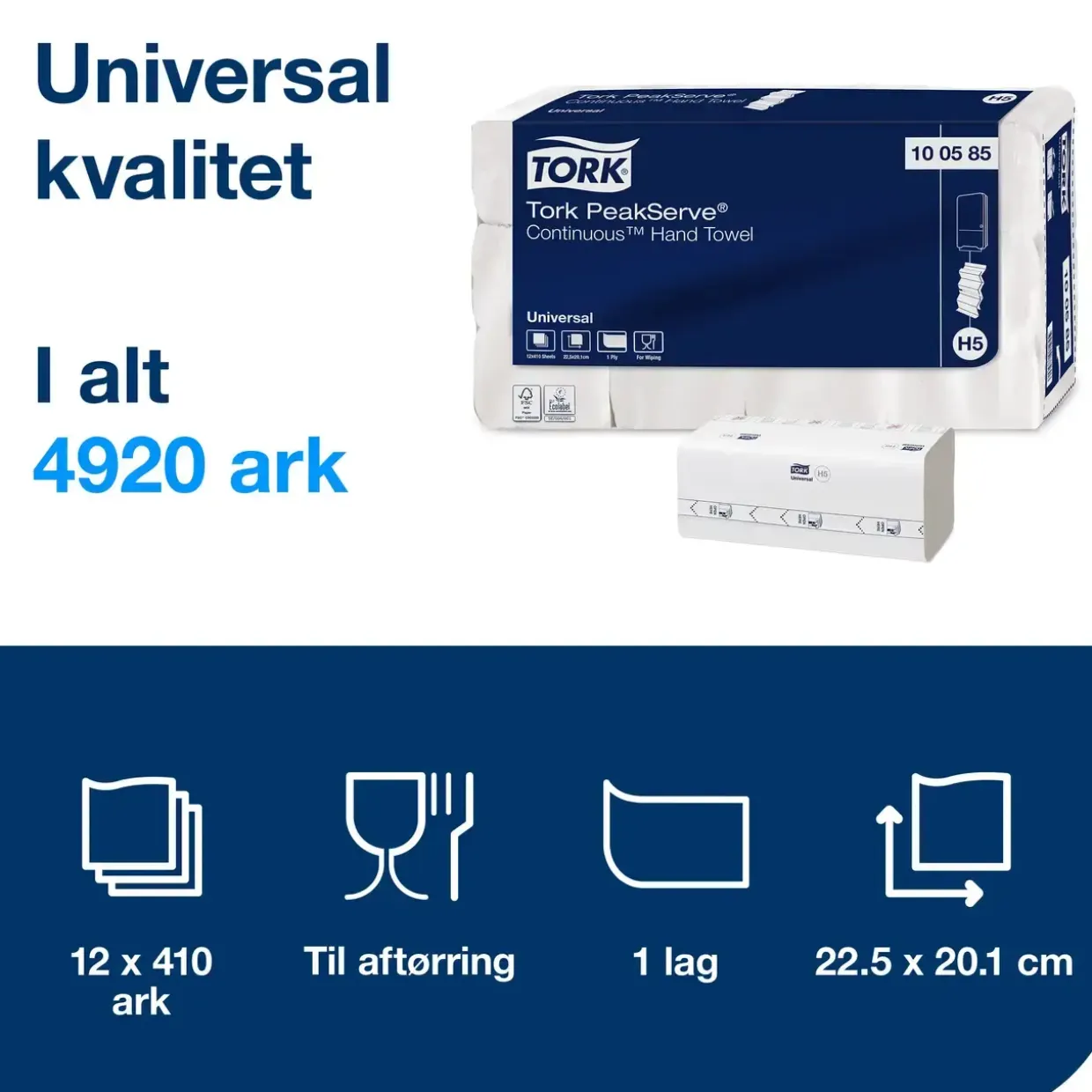 Håndklædeark 1-lags Tork 100585 PeakServe® Continuous® H5 - 410 ark pr pakke - 12 pakker
