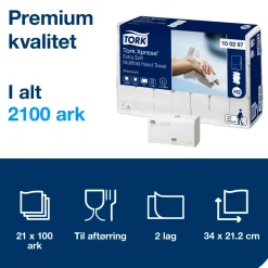 Håndklædeark - Tork H2 Premium - 100297 - 2-lags - 21,2x34 cm - Hvid - 100 ark pr. pakke - 21 pakker