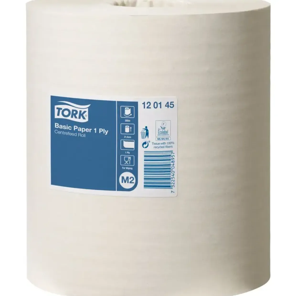 Håndklæderulle Tork M2 Basic 1-lags Midi 300m x 21,5cm Ø19cm hvid blandingsfibre uden hylse - 6 stk