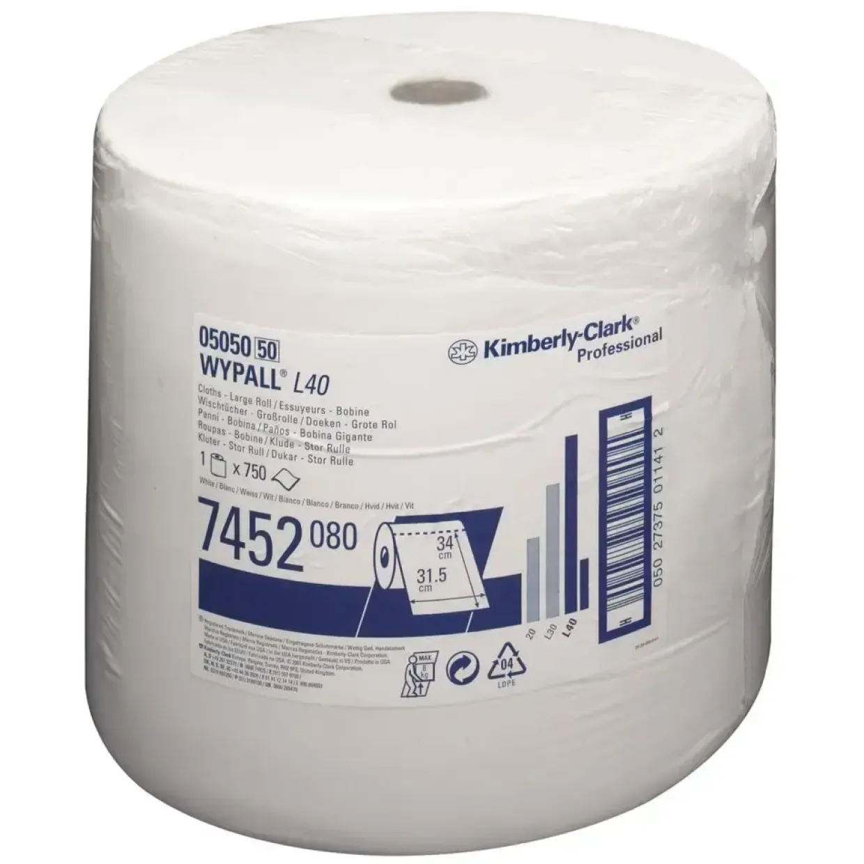 Industriaftørring, Kimberly-Clark Wypall L40, 1-lags, 259m x 31,5cm, Ø40cm, hvid, nonwoven