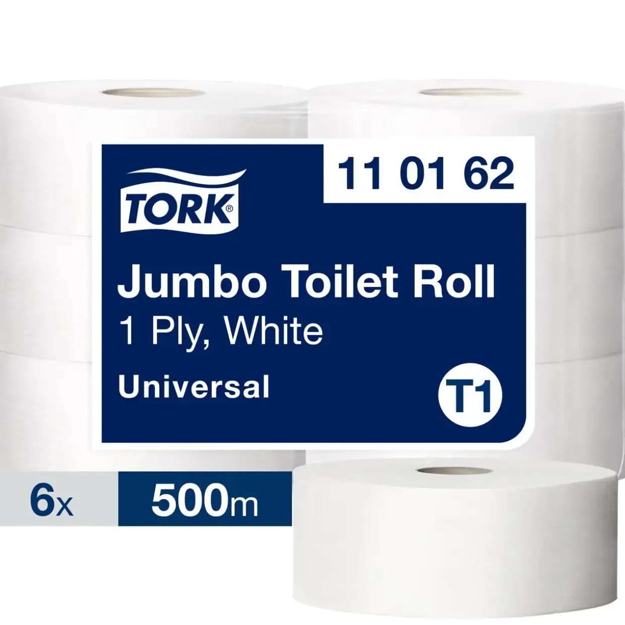 Jumborulle Tork 1-lags perforeret 500 meter 110162 hvid | 2.500 ark - 6 stk