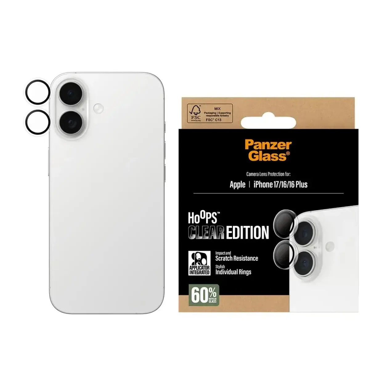 Kameralinsebeskytter – PanzerGlass Hoops – iPhone 17 / 16 / 16 Plus – Transparent