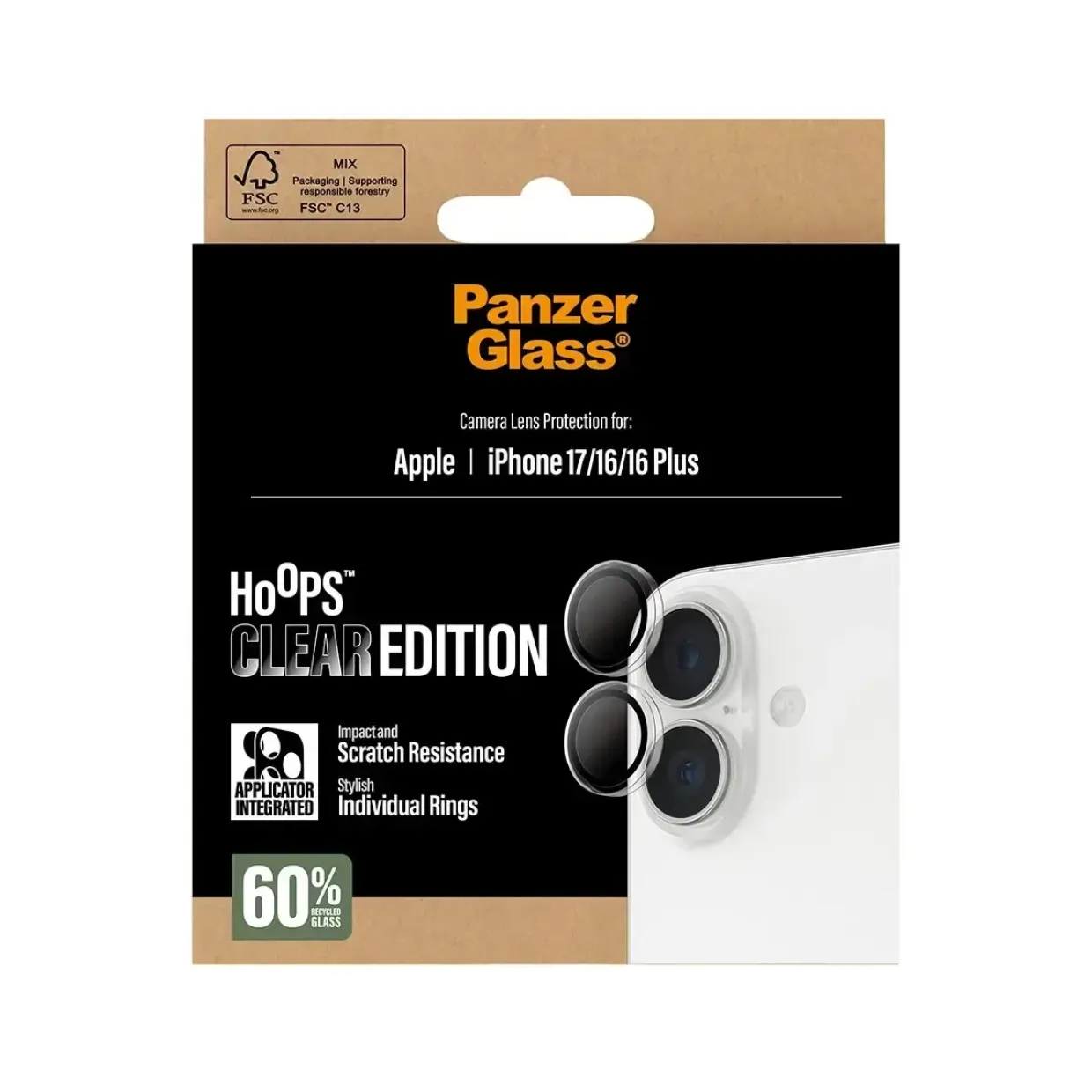 Kameralinsebeskytter – PanzerGlass Hoops – iPhone 17 / 16 / 16 Plus – Transparent