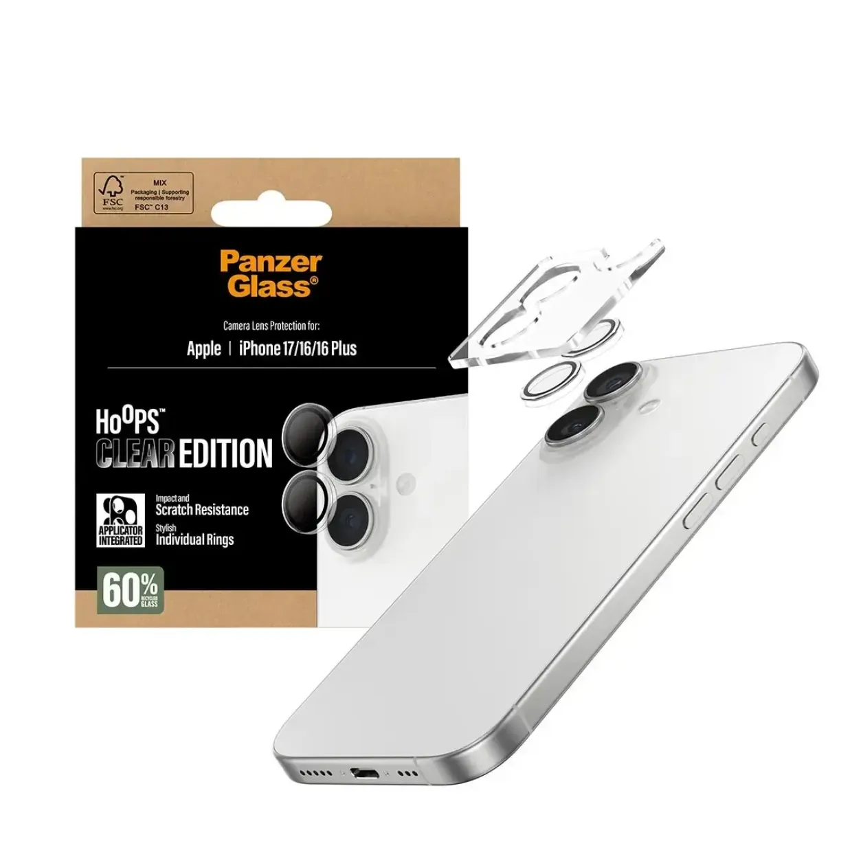 Kameralinsebeskytter – PanzerGlass Hoops – iPhone 17 / 16 / 16 Plus – Transparent