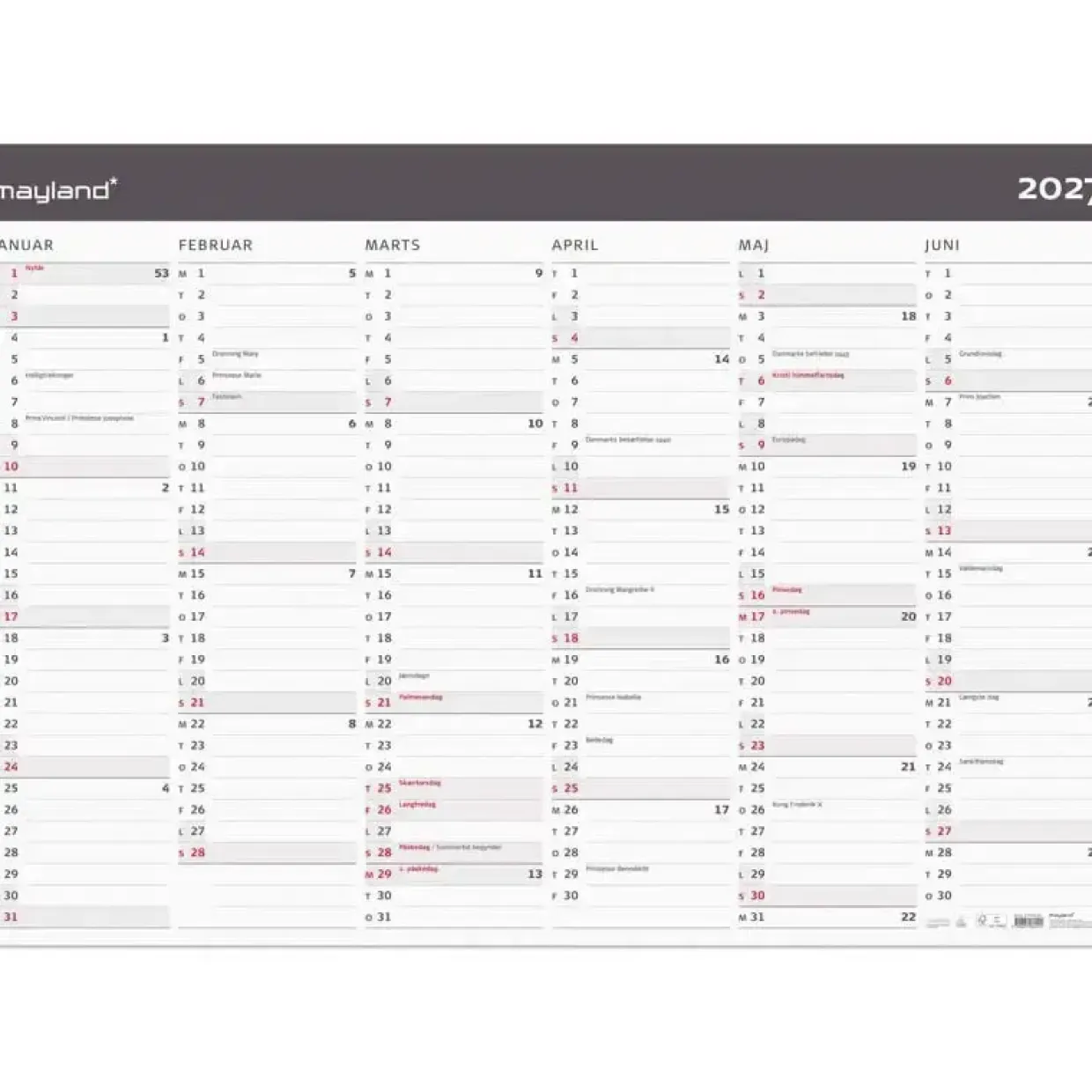 Kæmpekalender(i paprør) 2x6 mdr. væg - Moderne - 70x100 cm - Papir - 2027 - Mayland - 27064200