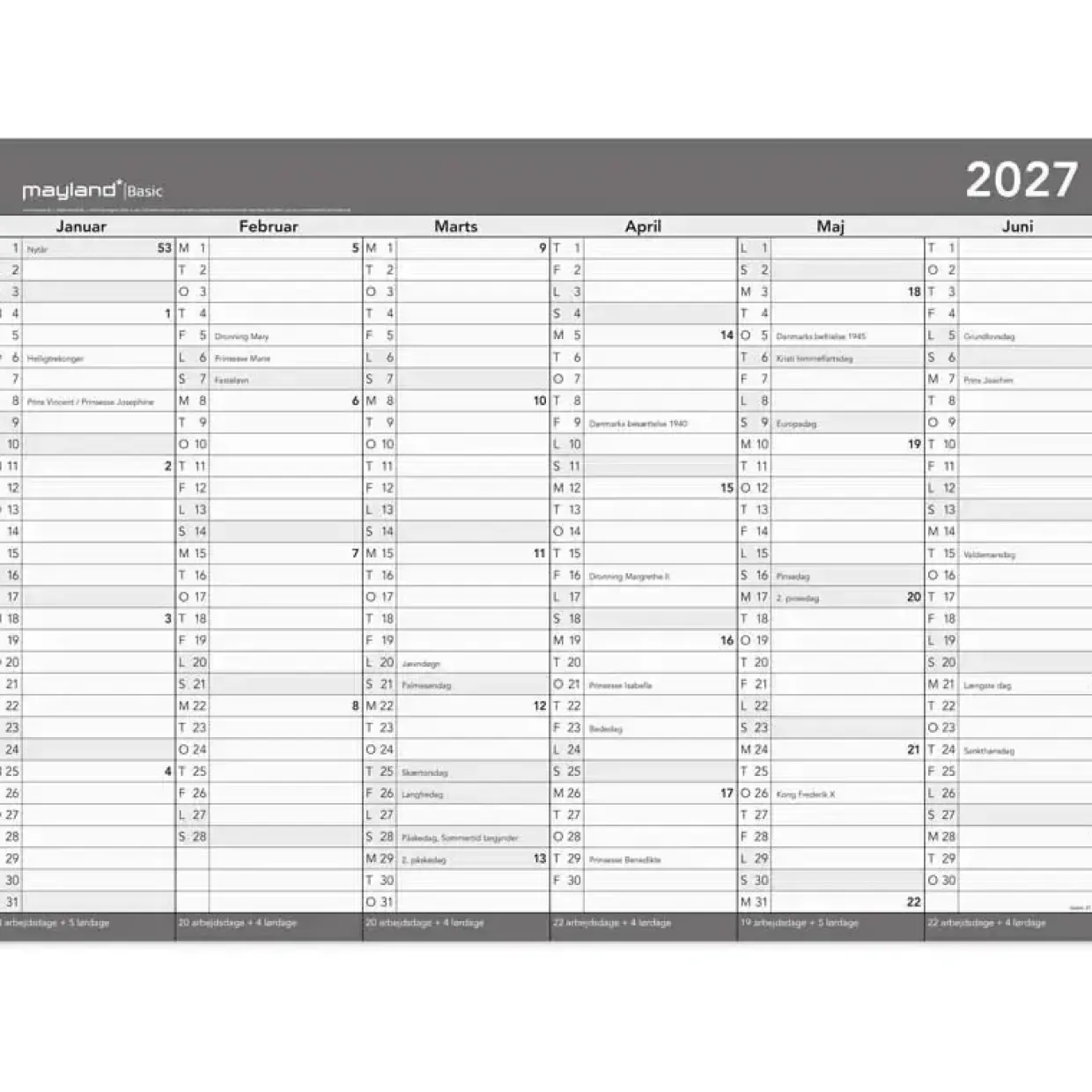 Kontorkalender væg - Basic - m/whiteboard-funktion - A2 - Grå - 2027 - Mayland - 27268800