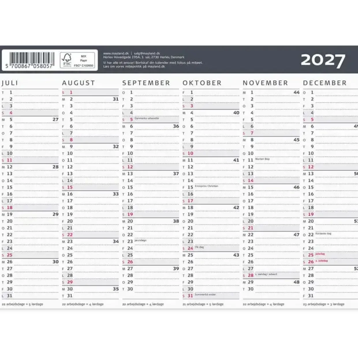 Kontorkalender væg - Moderne - A5 - 2027 - Mayland - 27058050