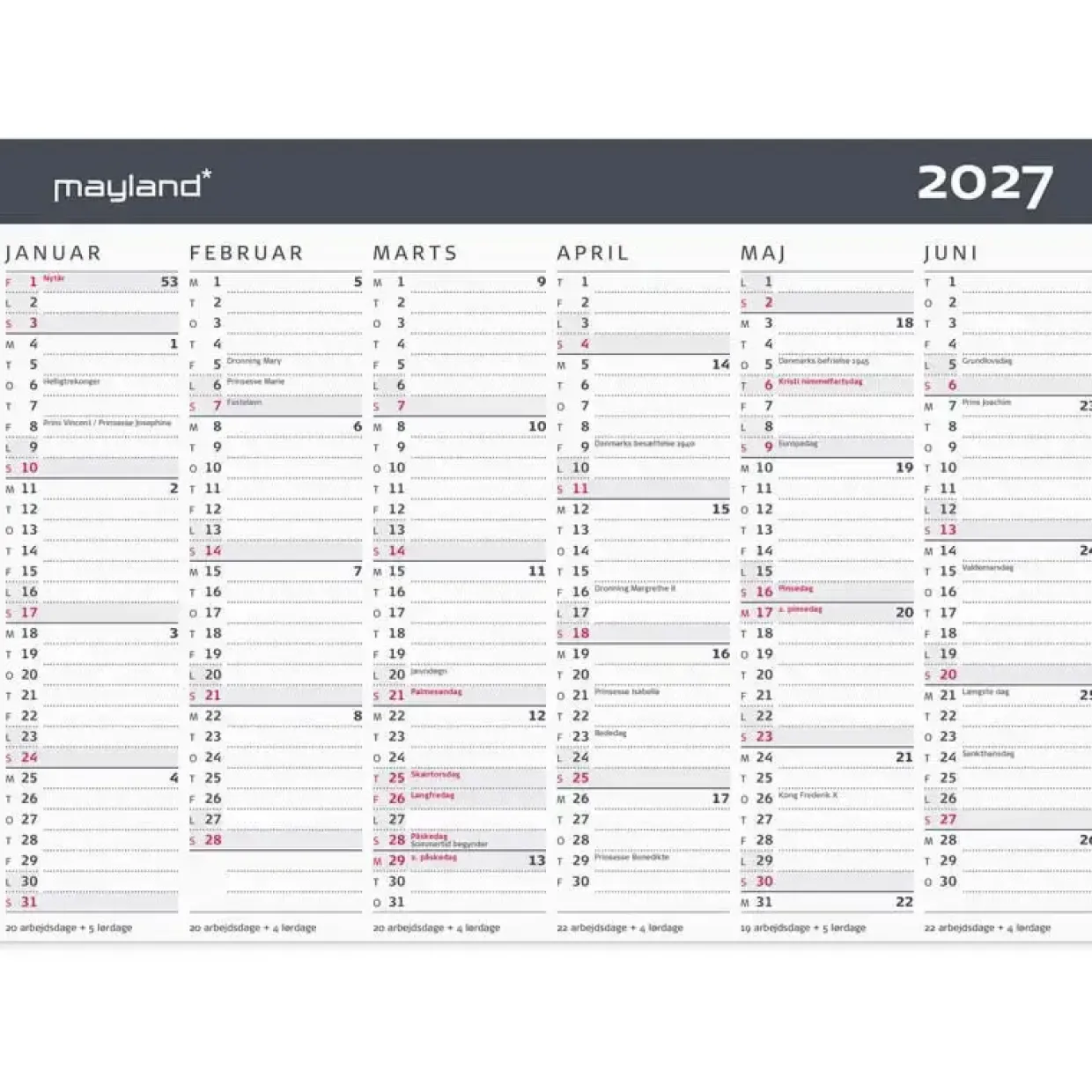 Kontorkalender væg - Moderne - A5 - 2027 - Mayland - 27058050