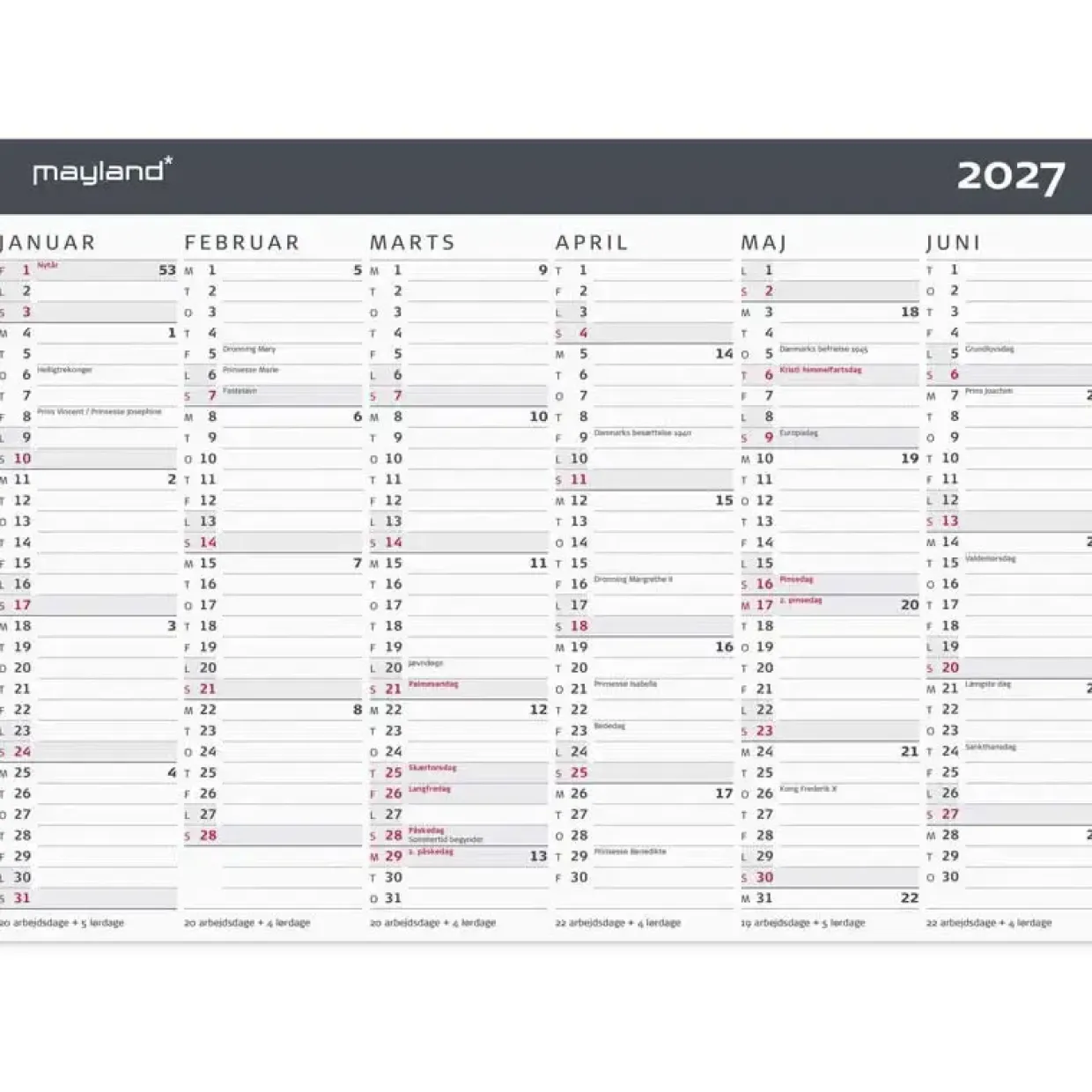 Kontorkalender væg - Moderne - A4 - 2027 - Mayland - 27059050