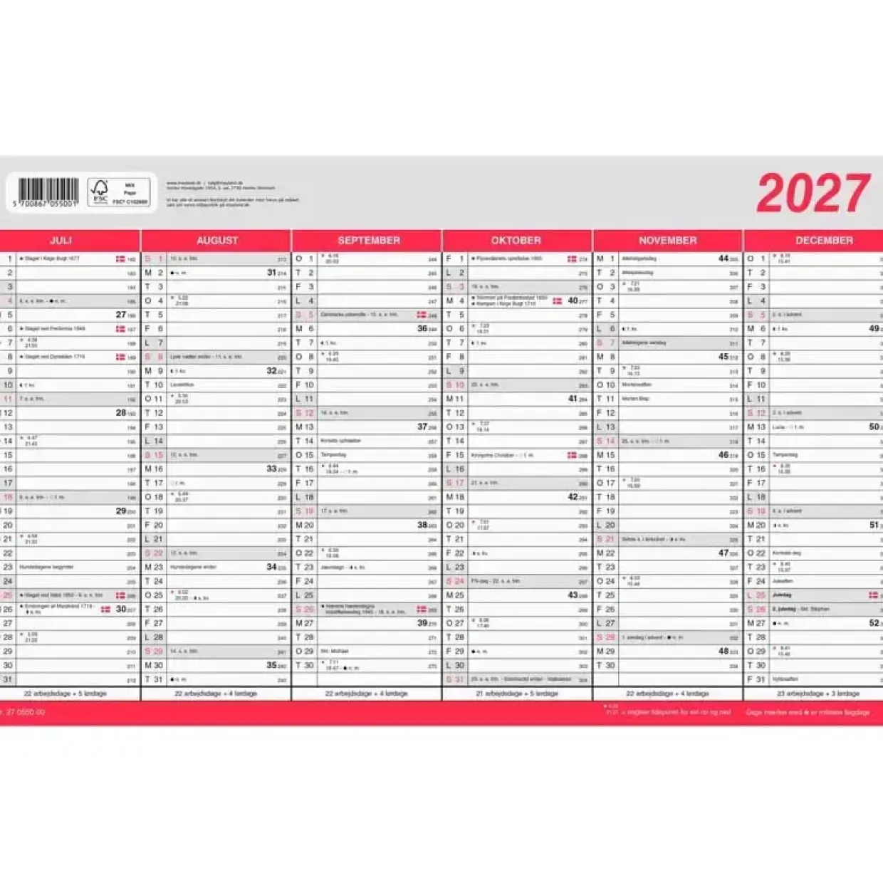 Kontorkalender væg - Stor m/flagdage - 388x239mm - 2027 - Mayland - 27055000