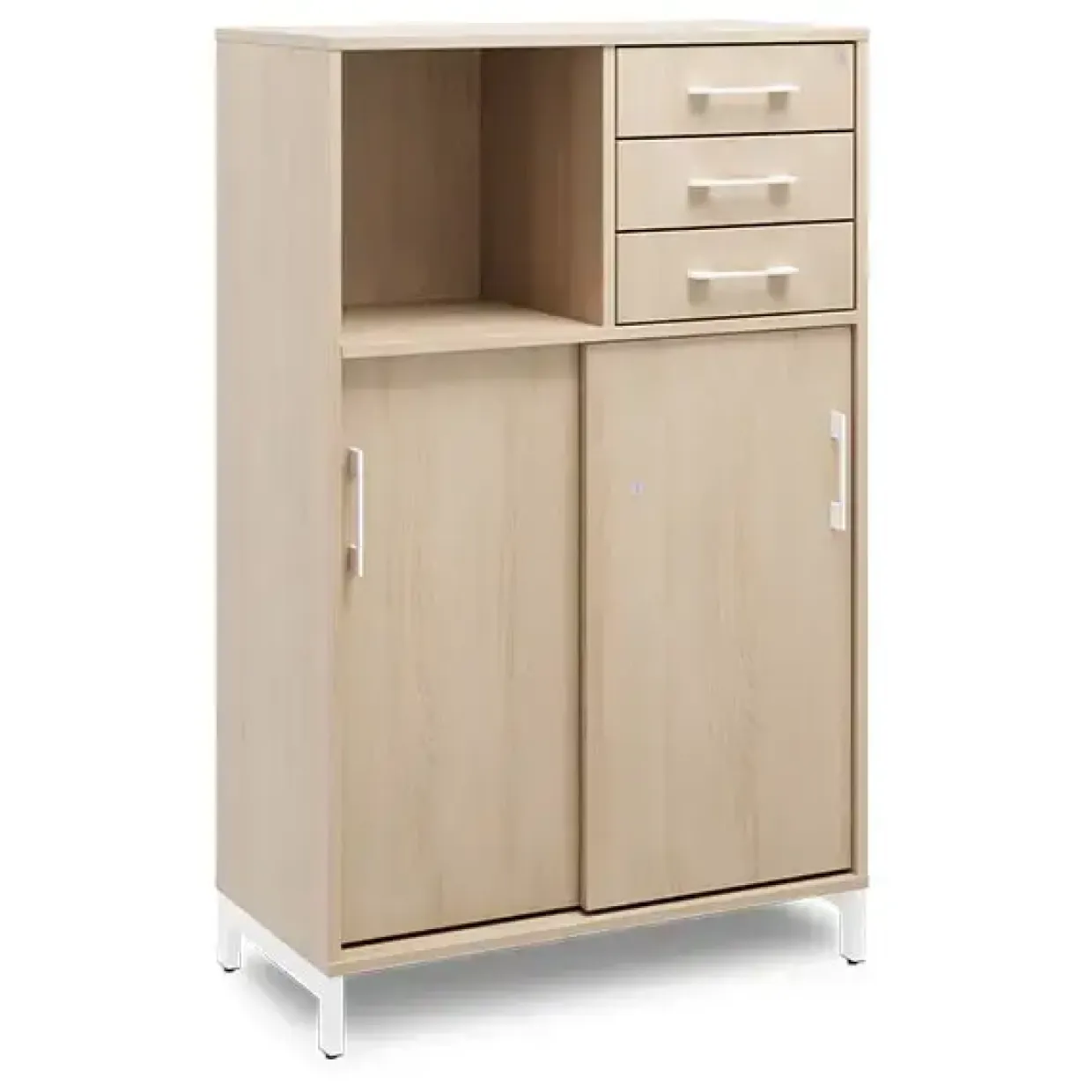 Kontorskab DNA, 800x1275 mm, Eg/Hvid, skydedør og skuffemodul 3A4/2A4