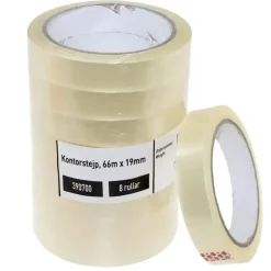 Kontortape - 19mmx66m BNT kerne Ø75mm PP klar - 8 stk