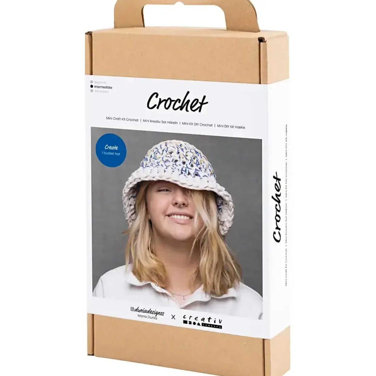 Kreakasse DIY Kit Hækle Chunky bøllehat blå, lys natur, gul