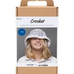 Kreakasse DIY Kit Hækle Chunky bøllehat blå, lys natur, gul