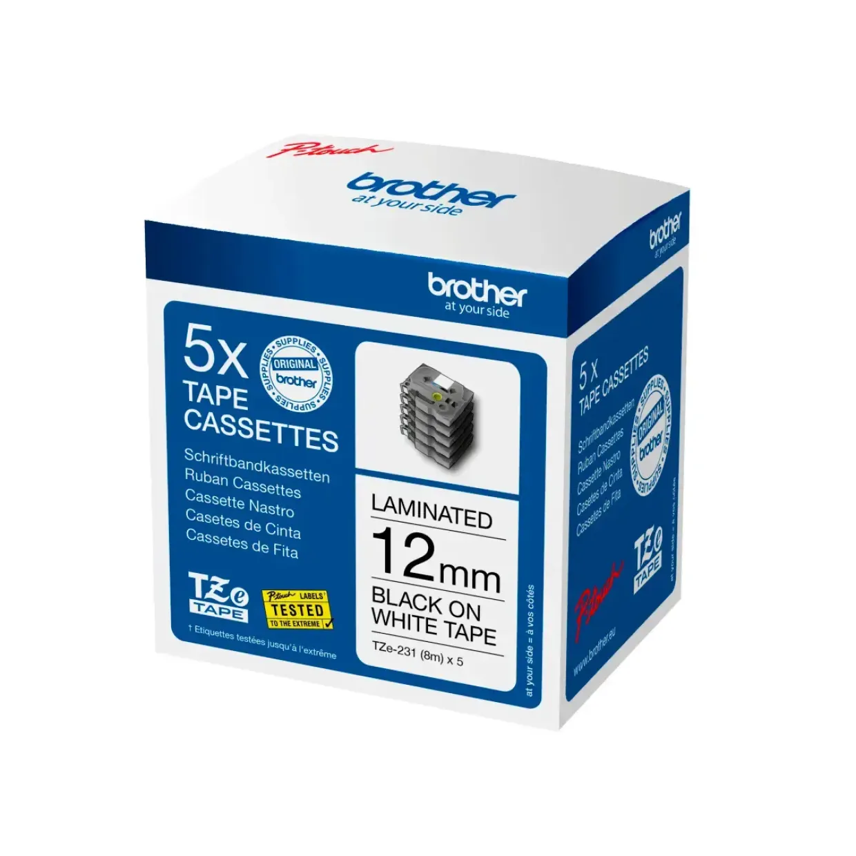 Labeltape - Brother TZe-231M5 - 12 mm x 8 m - Sort på hvid - 5 stk