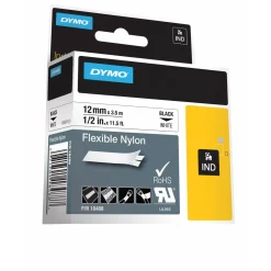 Labeltape DYMO Rhino 12mm sort på hvid nylon