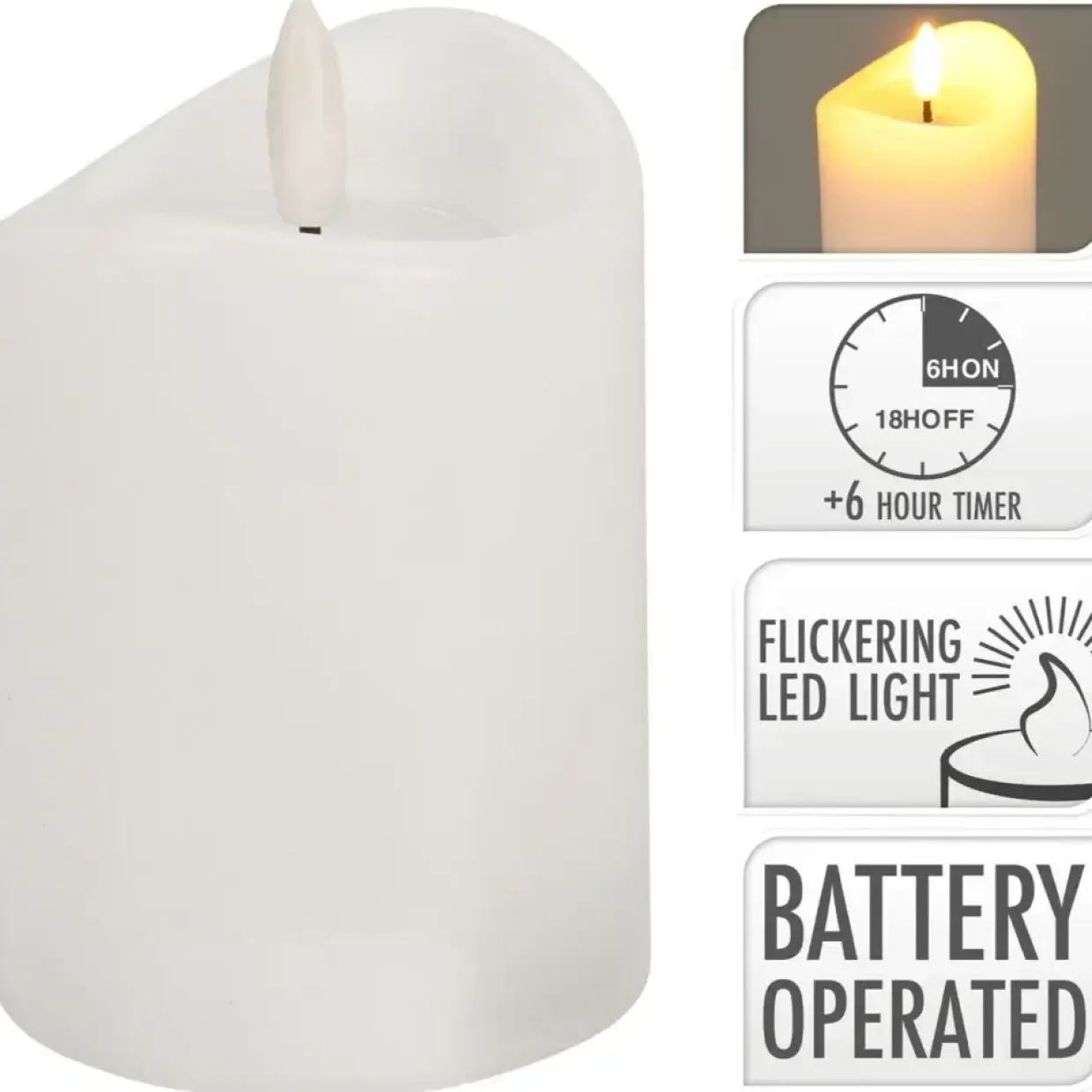 LED bloklys 15,5cm Ø7,5cm hvid med 3D-flamme og timerfunktion - 12 stk