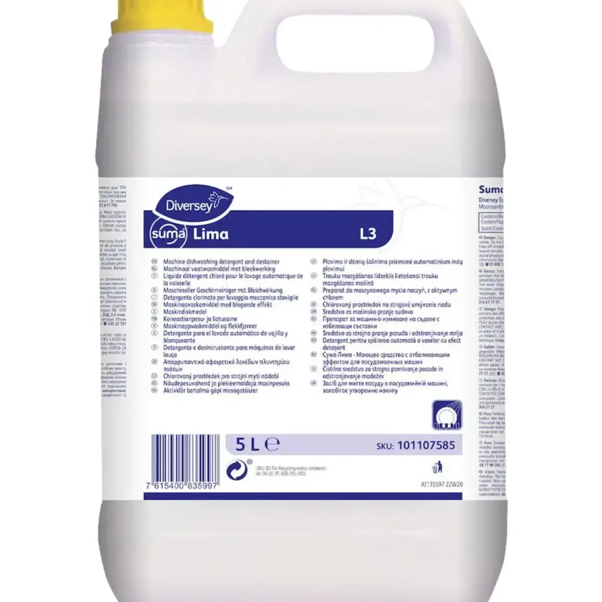 Maskinopvaskemiddel - Diversey Suma Lima L3 - med klor, uden parfume og farve - 5 l - 2 stk