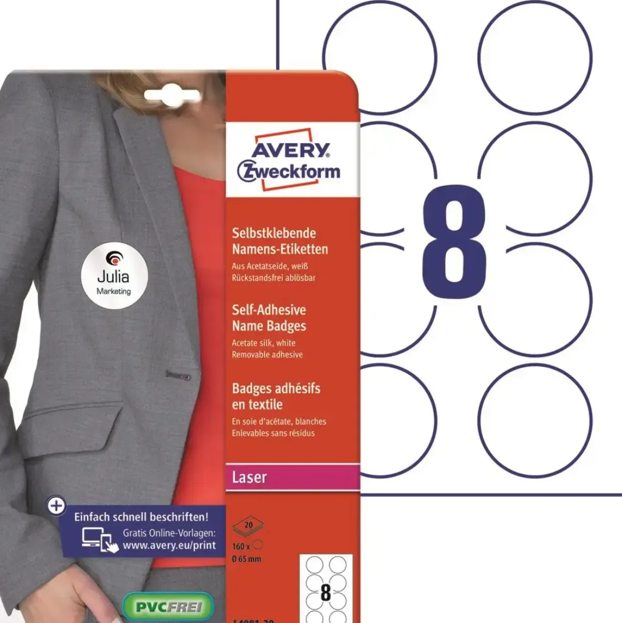 Navneskilt Avery - selvklæbende Ø65mm - 160 stk laser