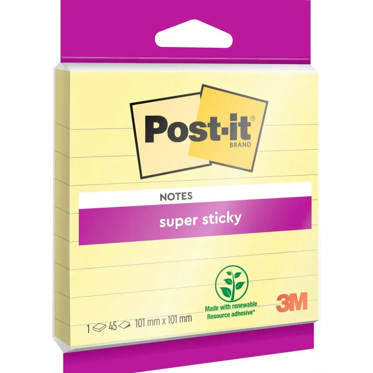 Notatblok - Post-it Super Sticky Linjeret - Gul - 101 x 101 mm - 45 ark