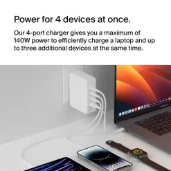 Oplader, Belkin 140W 4-ports USB GaN Wall Charger with UK, EU, US plug tips - Køb minimum 6 stk.