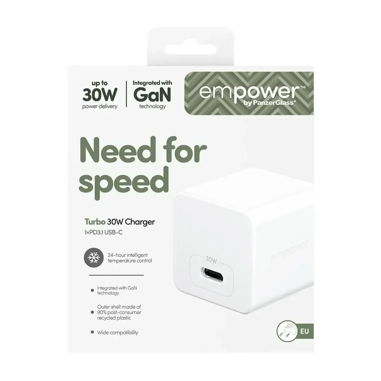 Oplader, Empower by PanzerGlass, Turbo, 30W, USB-C, EU stik, Hvid