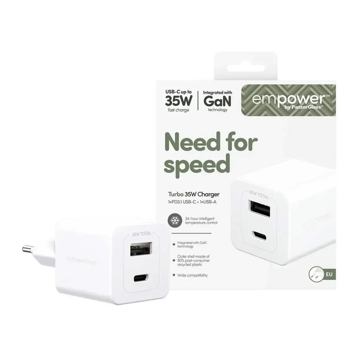 Oplader, Empower by PanzerGlass, Turbo, 35W, USB-C + USB-A, EU stik, Hvid