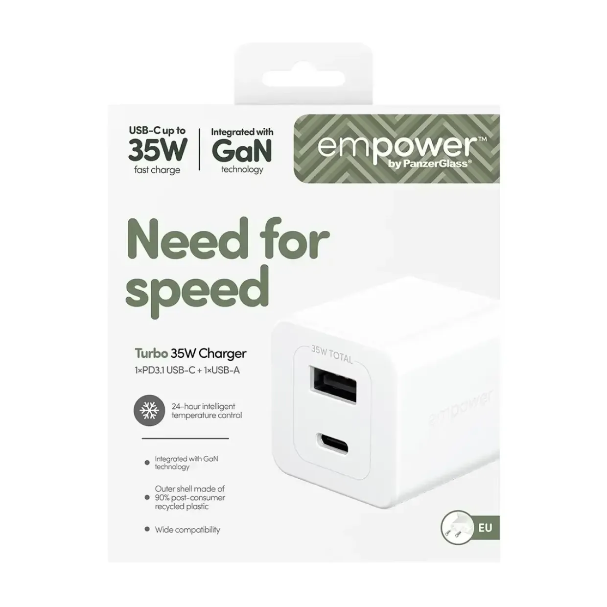 Oplader, Empower by PanzerGlass, Turbo, 35W, USB-C + USB-A, EU stik, Hvid