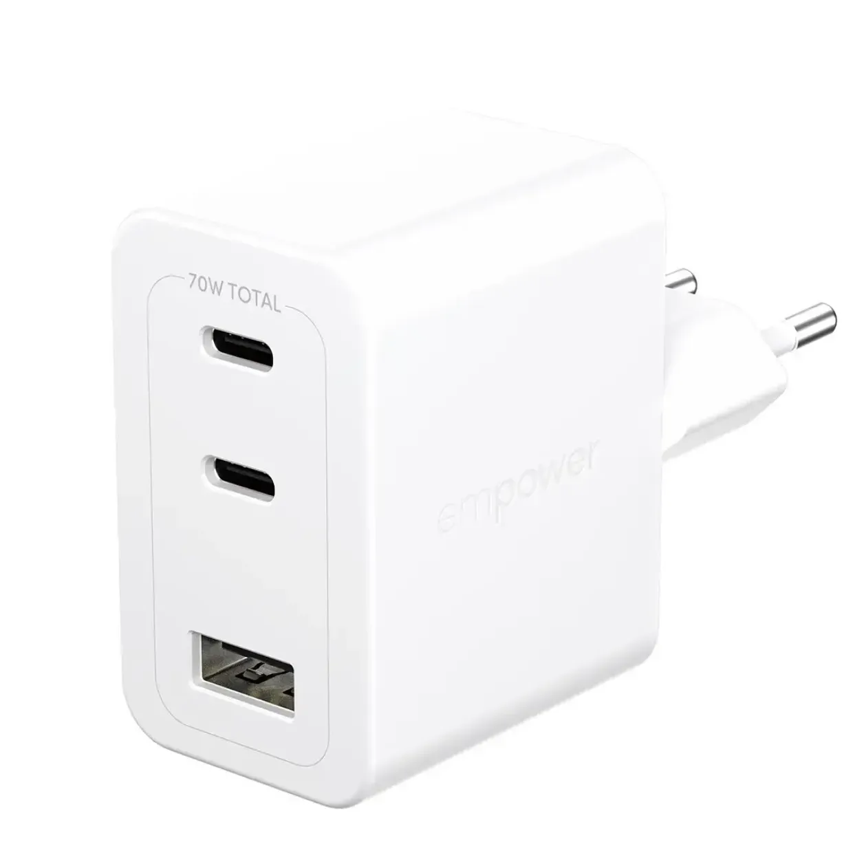 Oplader, Empower by PanzerGlass, Turbo 70W, Multiple Charger, 2x USB-C+USB-A, EU stik, Hvid