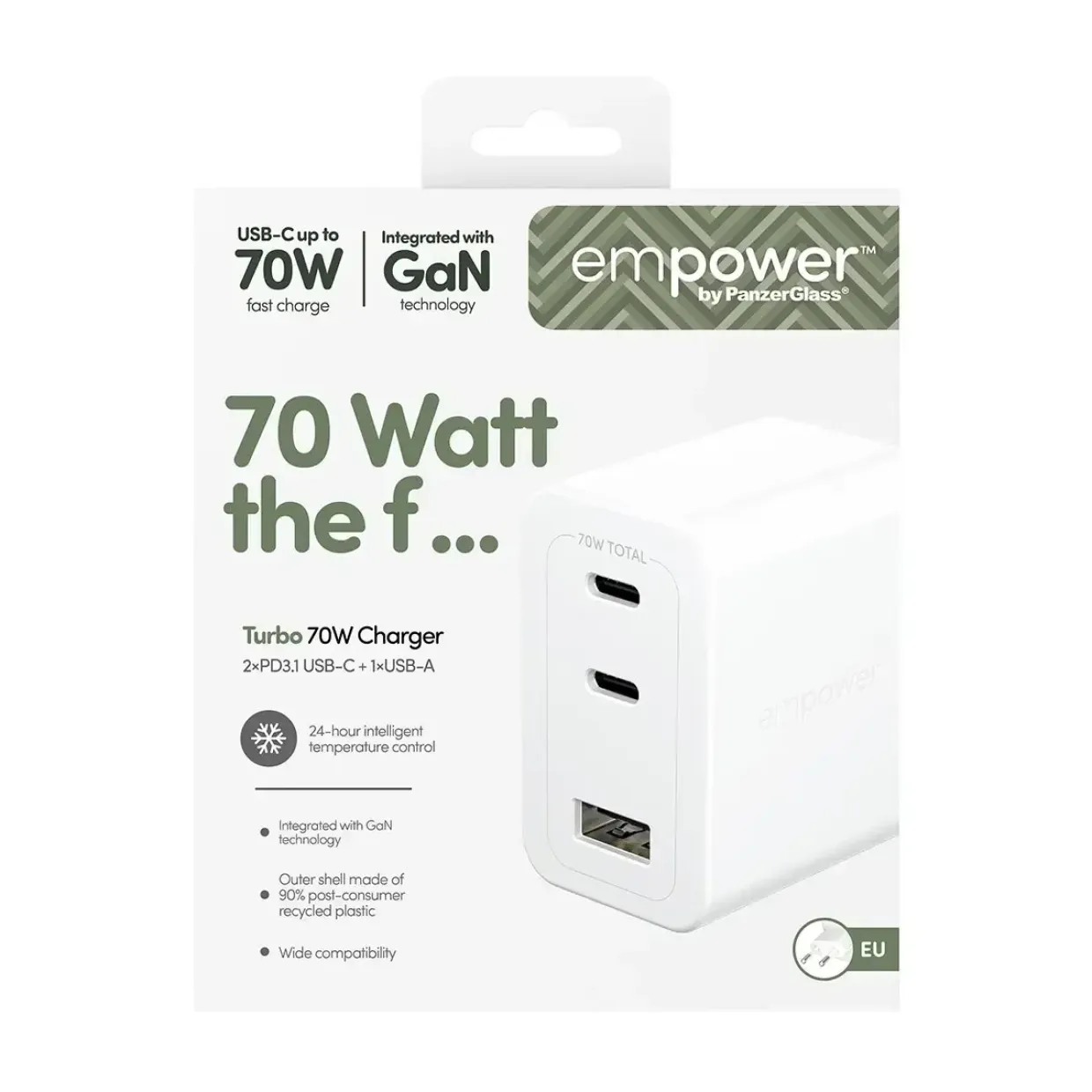 Oplader, Empower by PanzerGlass, Turbo 70W, Multiple Charger, 2x USB-C+USB-A, EU stik, Hvid