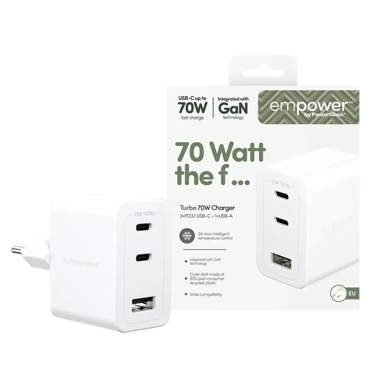 Oplader, Empower by PanzerGlass, Turbo 70W, Multiple Charger, 2x USB-C+USB-A, EU stik, Hvid