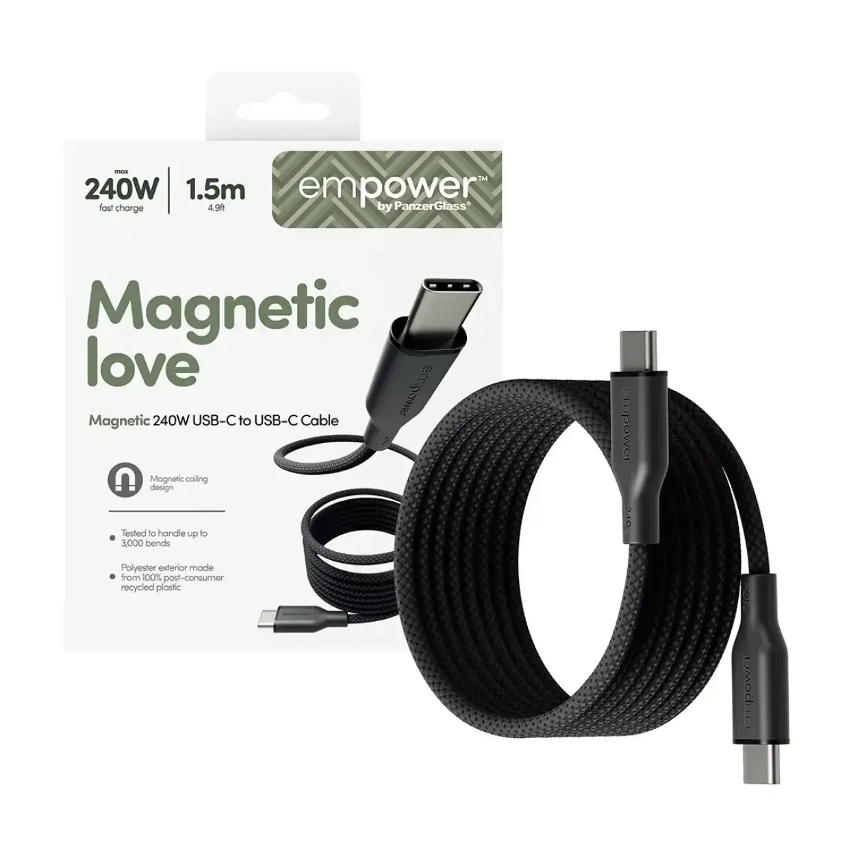 Opladerkabel, Empower by PanzerGlass, Magnetisk, 240W, USB-C to USB-C, 1.5M, Sort