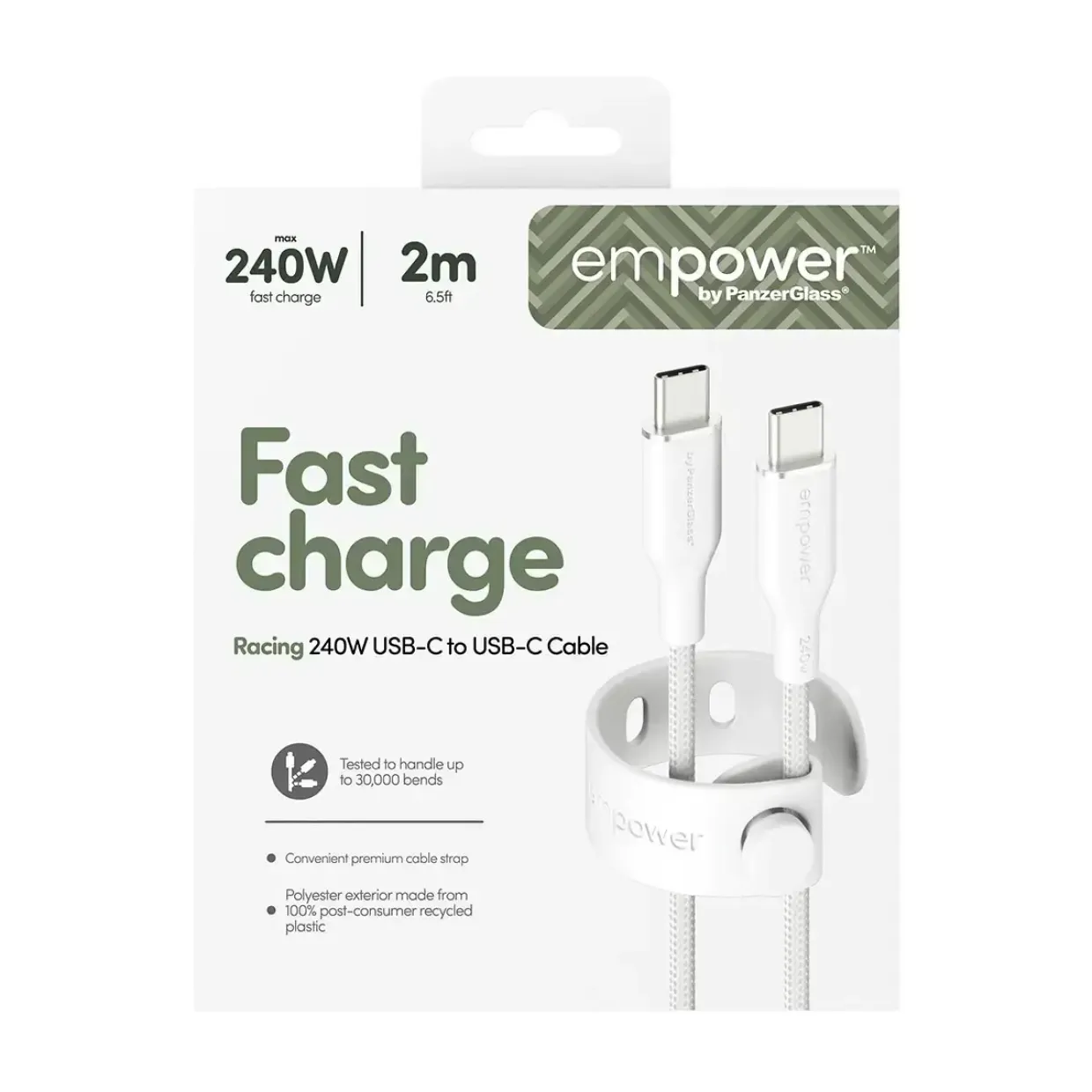 Opladerkabel, Empower by PanzerGlass, Racing, 240W, USB-C to USB-C, 2M, Hvid