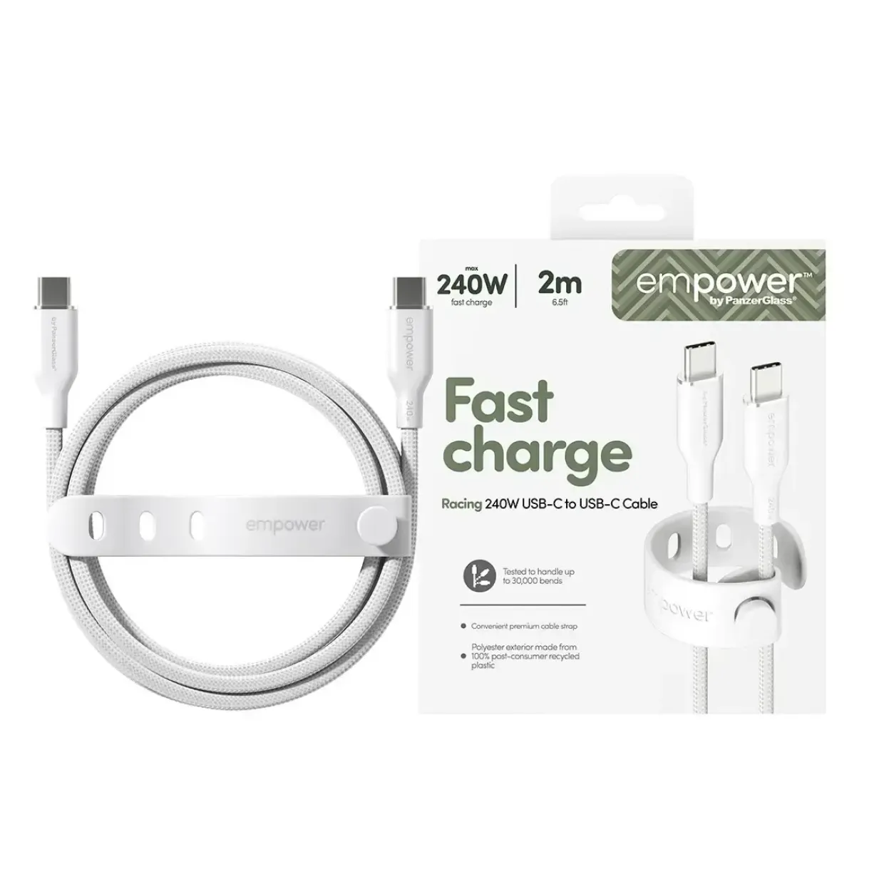 Opladerkabel, Empower by PanzerGlass, Racing, 240W, USB-C to USB-C, 2M, Hvid