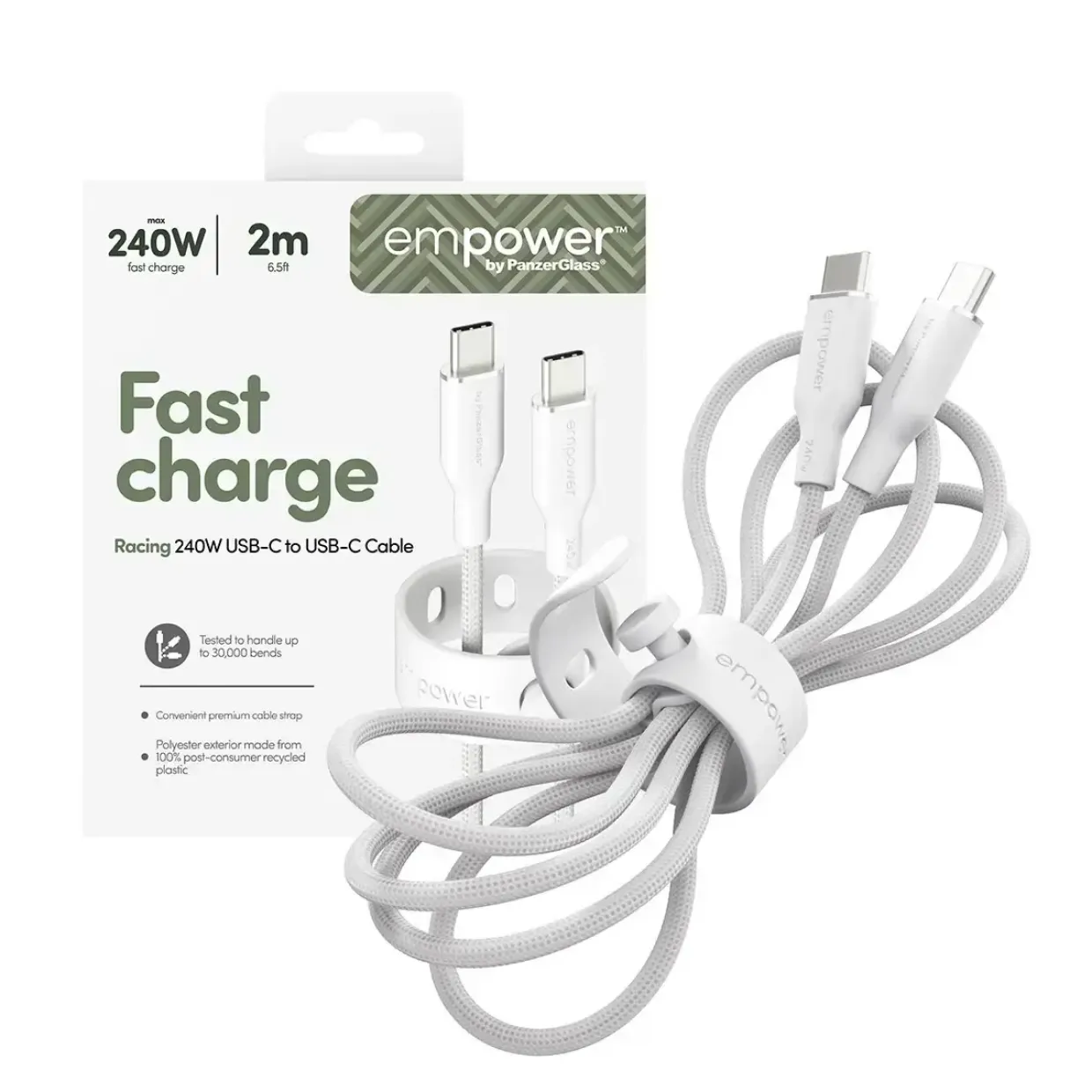 Opladerkabel, Empower by PanzerGlass, Racing, 240W, USB-C to USB-C, 2M, Hvid