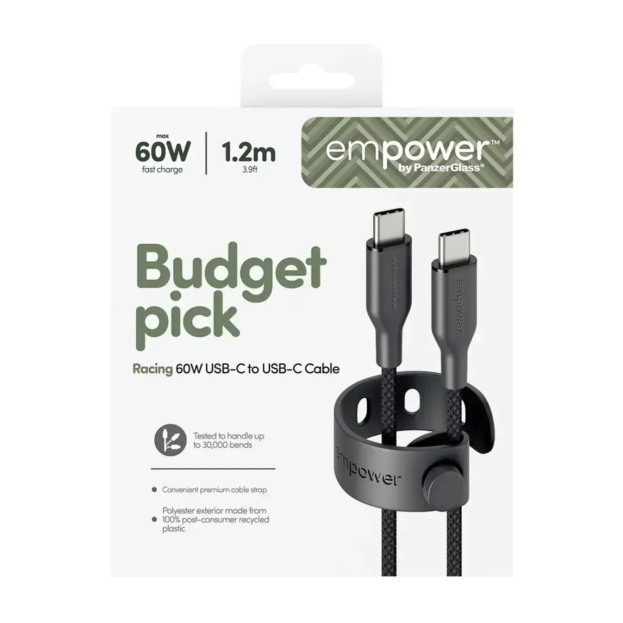 Opladerkabel, Empower by PanzerGlass, Racing, 60W, USB-C to USB-C, 1.2M, Sort