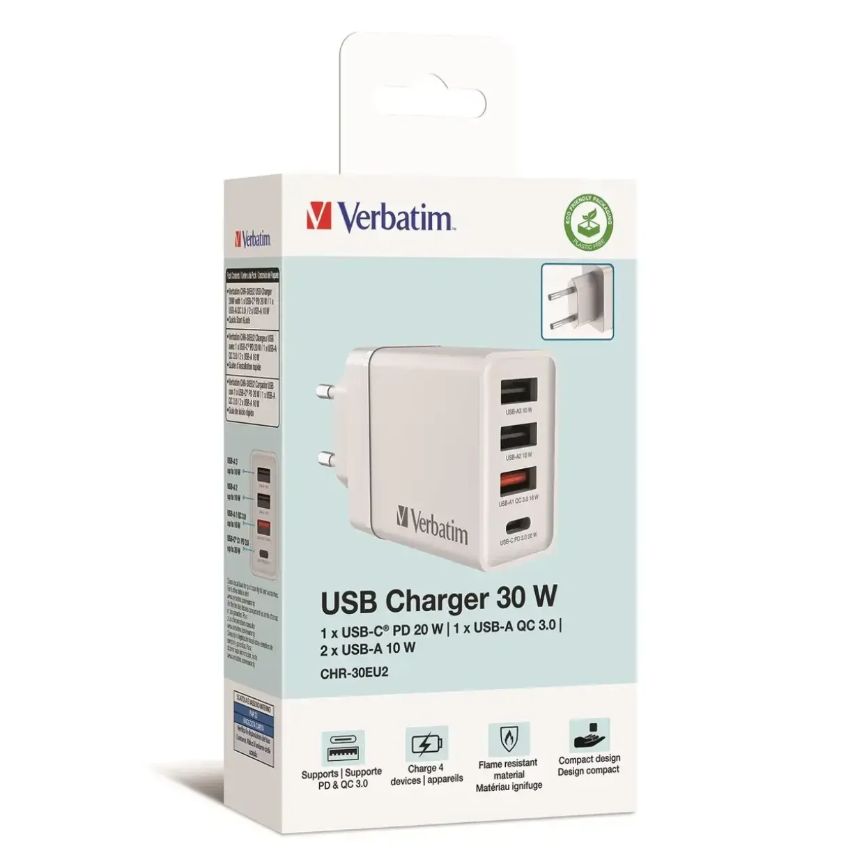 Oplader - Verbatim - CHR-30EU2 - 4-port - USB-C - Hvid