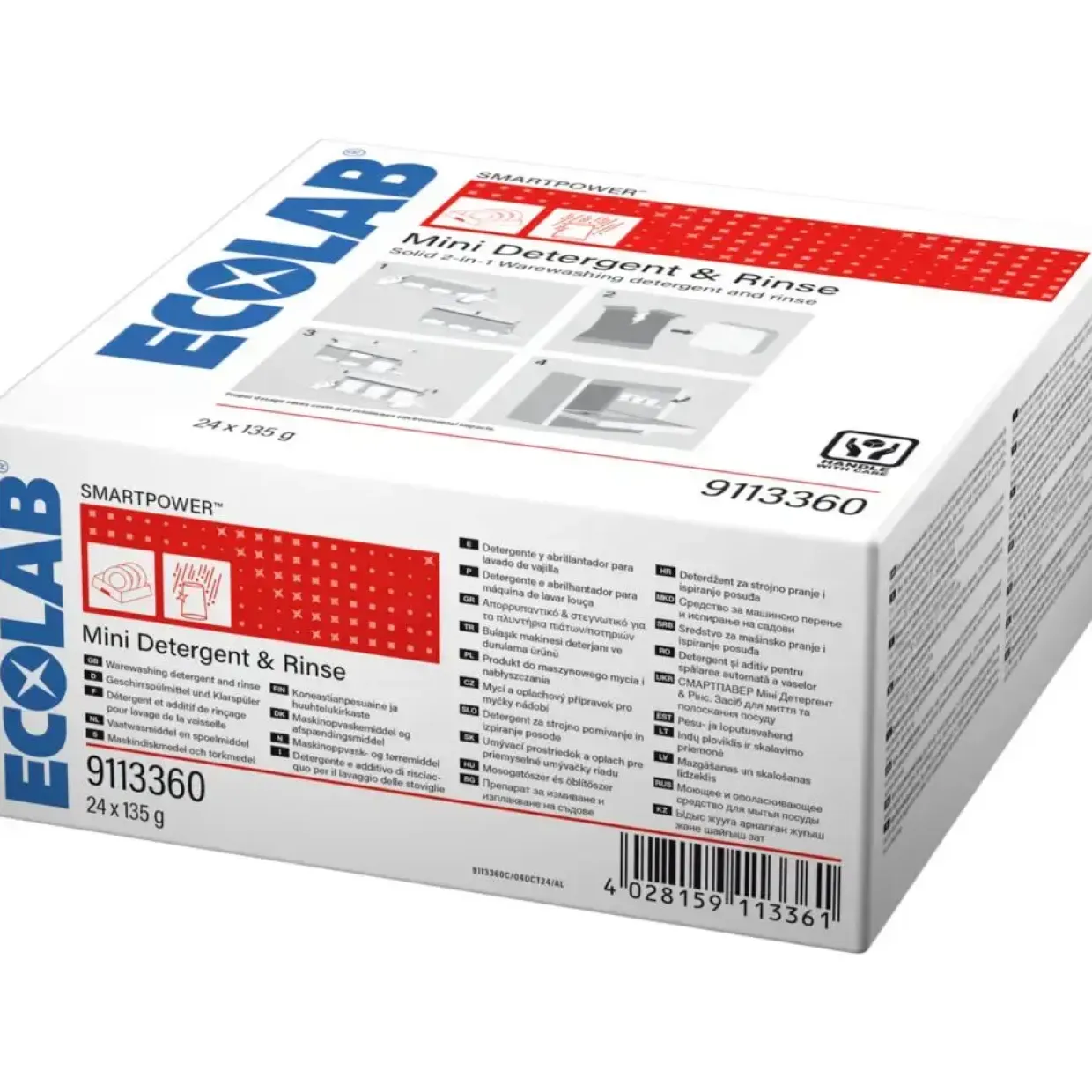 Opvasketabs, Ecolab Smartpower Mini Detergent & Rinse, all-in-one, uden klor, farve og parfume, 1 pakke med 24 stk