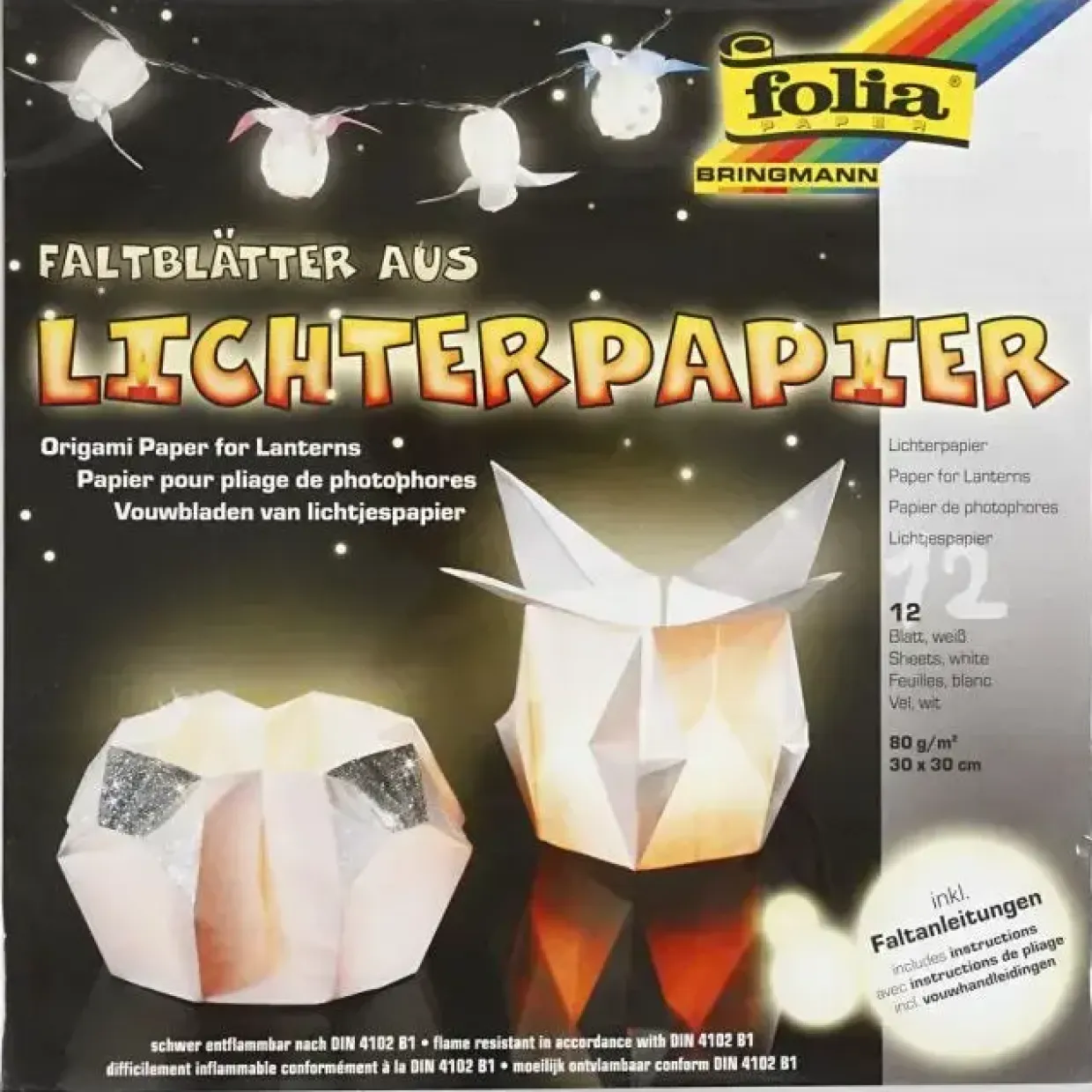 Origamipapir - Lyspapir hvid - 30x30 cm - 80 g - 12 ark
