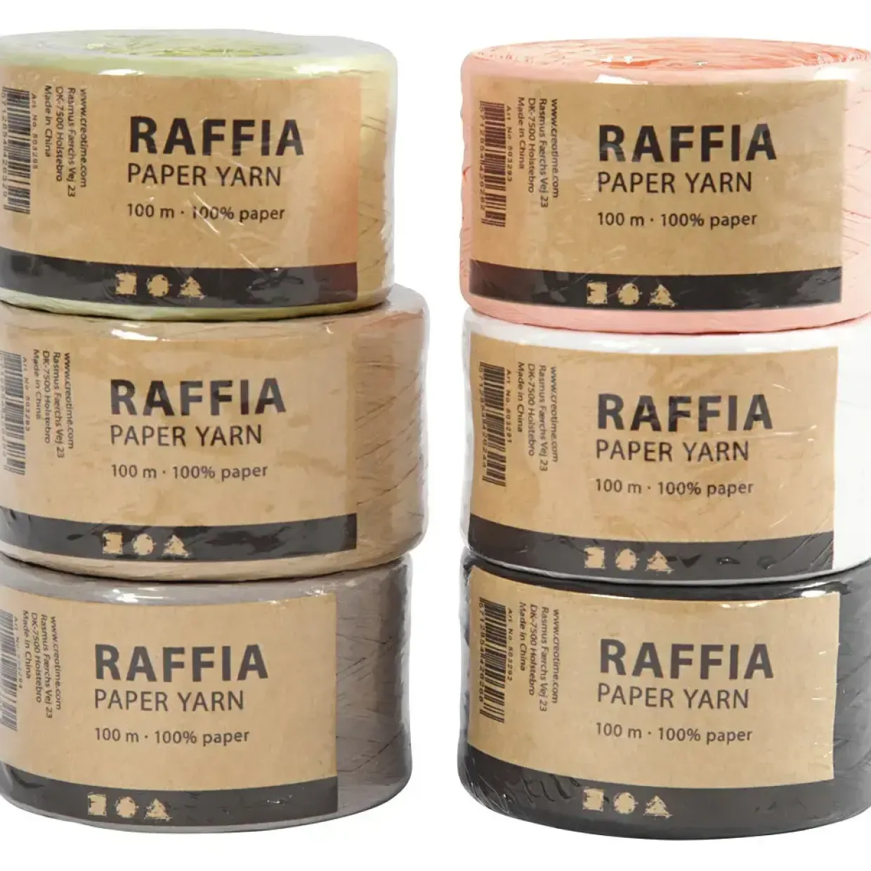 Papirgarn Raffia - 7-8mm - Ass. Farver - 100m - 6 ruller