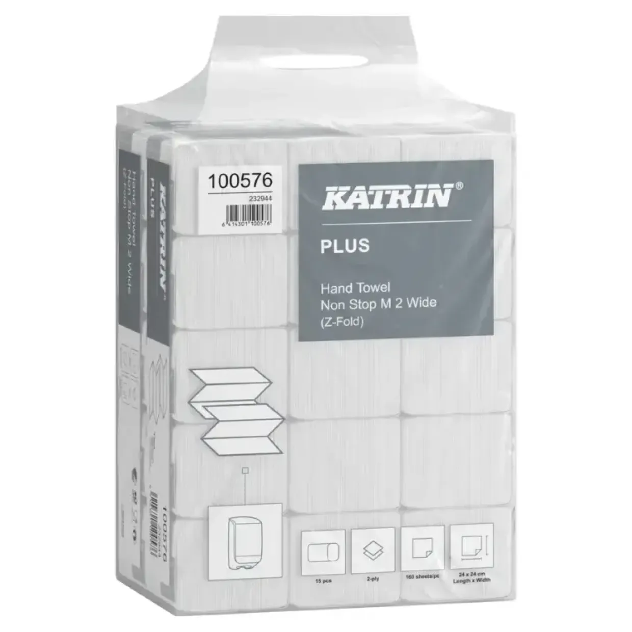 Papirhåndklæder ark, Katrin, Plus, 2 lag, hvid, 240mmx240mm, kasse a 2400 stk