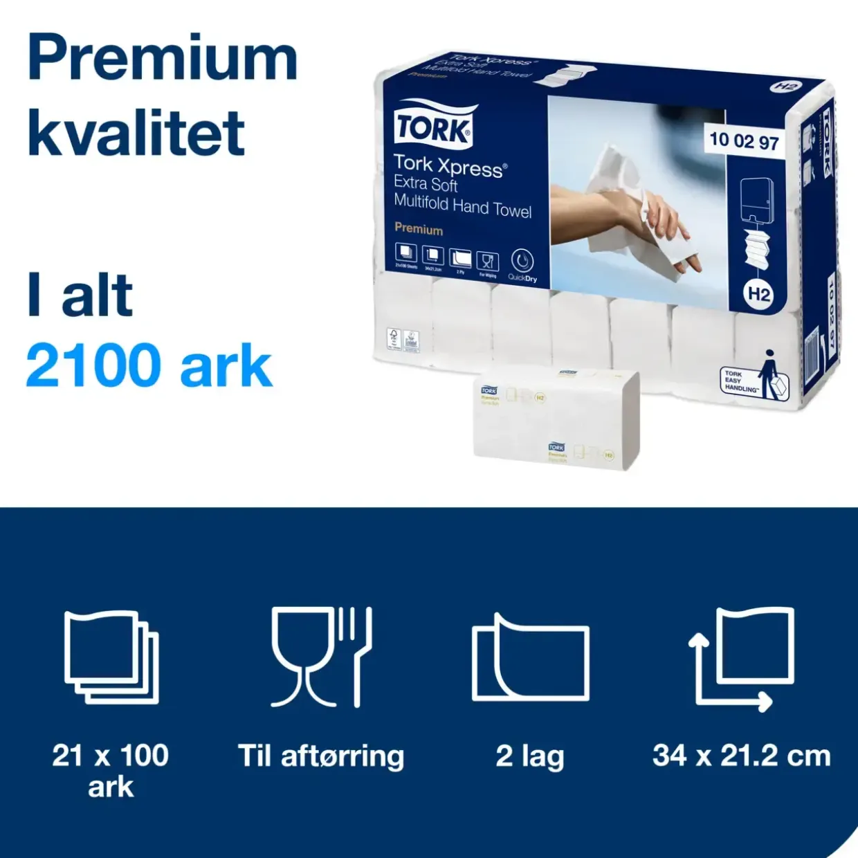 Papirhåndklæde Tork 100297 H2 Xpress Premium Extra Soft - 21 pakker